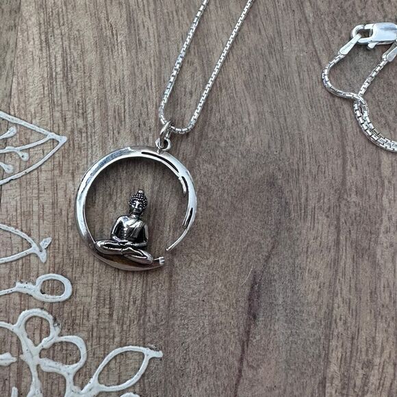 Sterling Silver Buddha Necklace, Circle Pendant, Yoga Necklace - Picture 2 of 5